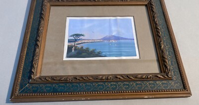 Arte Antica, Veduta Napoletana Del Golfo Di Napoli Con Vesuvio, Opera Originale A Tempera