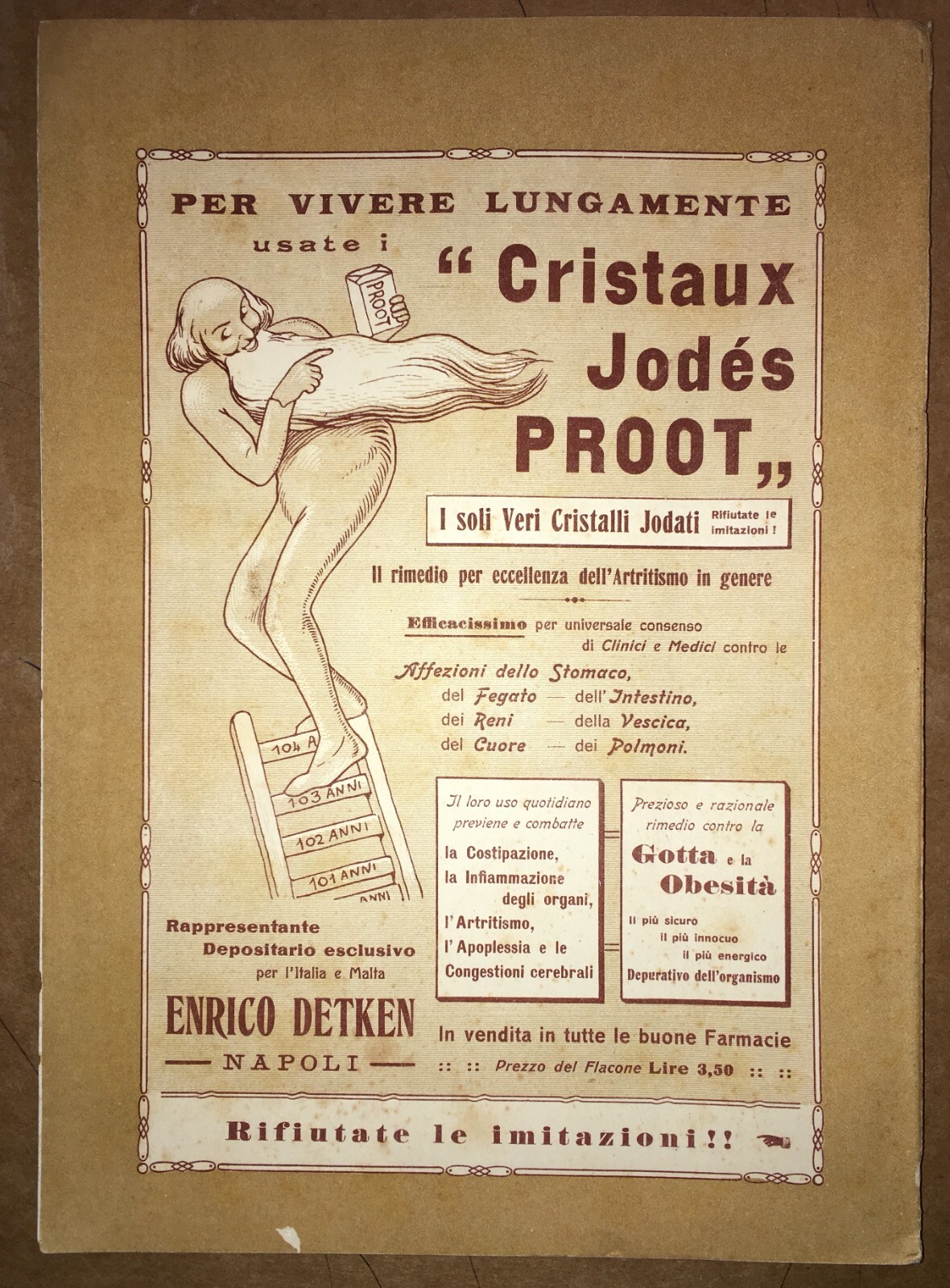 Medicina Antica, Stampa Pubblicitaria Farmaceutica Cristalli Proot, Napoli, 1913