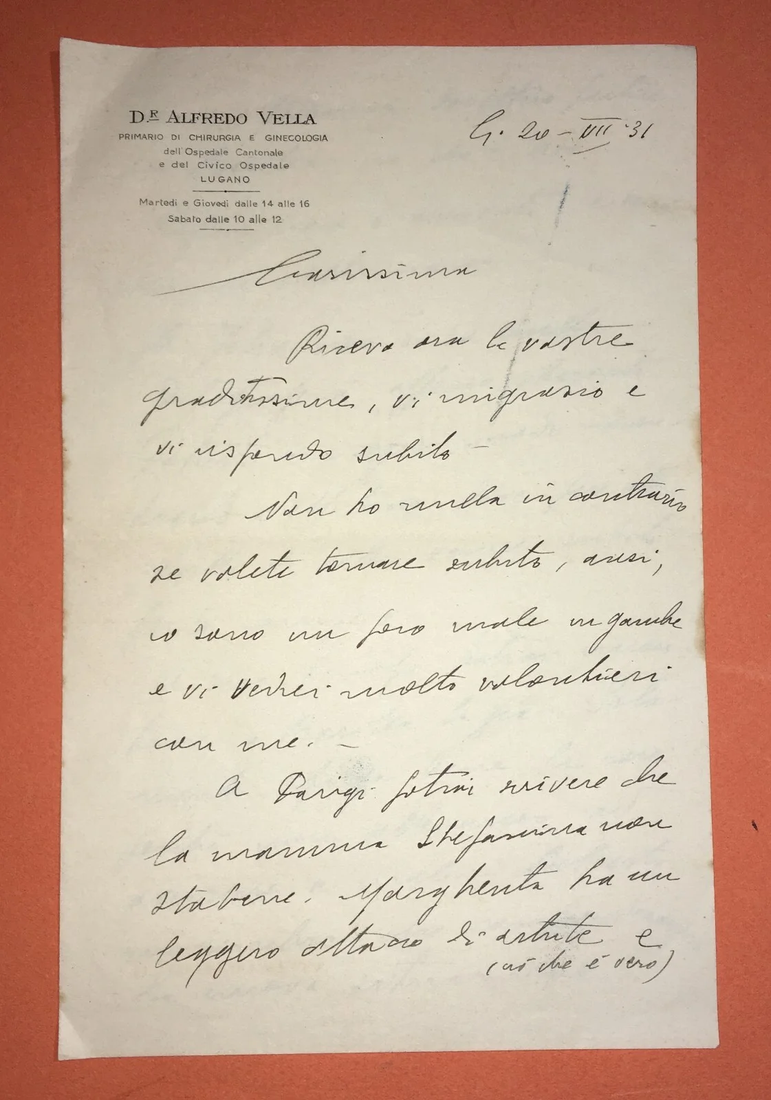Medicine and Gynecology: Antique Correspondence of Dr. Alfredo Vella, Lugano, 1931