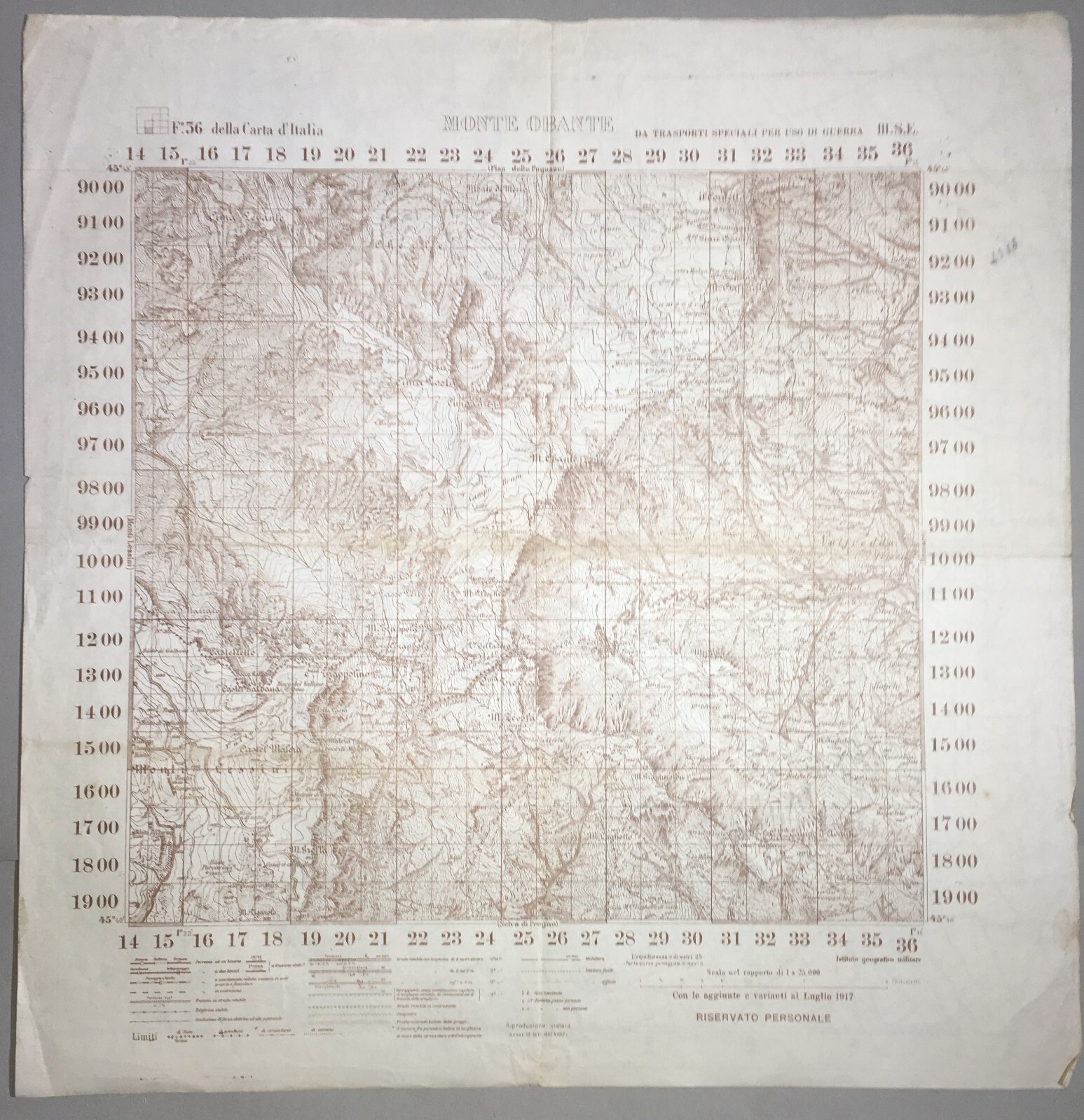 Militaria. Grande Guerra. Cartografia. Verona. Monte Obante. Vicenza. Longare. Stampa.