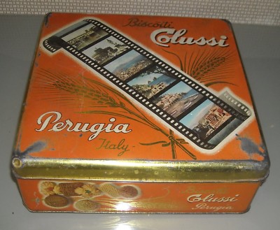 Umbria, Perugia: Scatola Pubblicitaria Biscotti Colussi Con Vedute d'Italia (Napoli, Roma, Sicilia, Firenze)