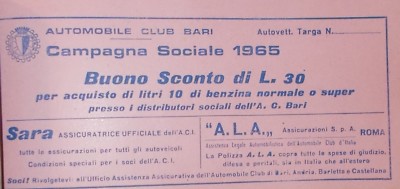 Puglia, Bari, Automobile Club: Campagna Sociale 1965, Buono Sconto Benzina, SARA, ALA