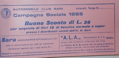 Puglia, Bari, Automobile Club: Campagna Sociale 1965, Buono Sconto Benzina, SARA, ALA
