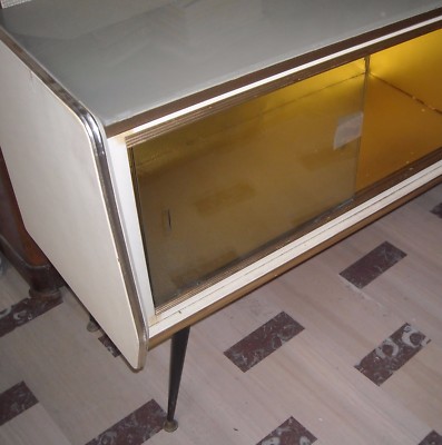 Credenza Modernariato Anni '50 In Legno, Vetro E Similpelle