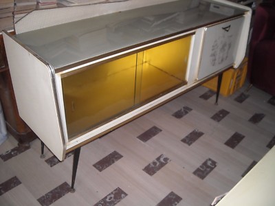 Credenza Modernariato Anni '50 In Legno, Vetro E Similpelle