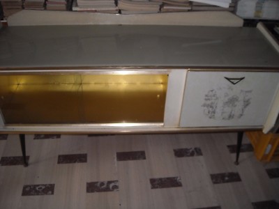 Credenza Modernariato Anni '50 In Legno, Vetro E Similpelle