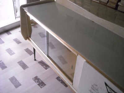 Credenza Modernariato Anni '50 In Legno, Vetro E Similpelle
