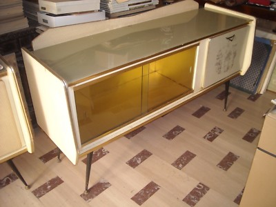 Credenza Modernariato Anni '50 In Legno, Vetro E Similpelle