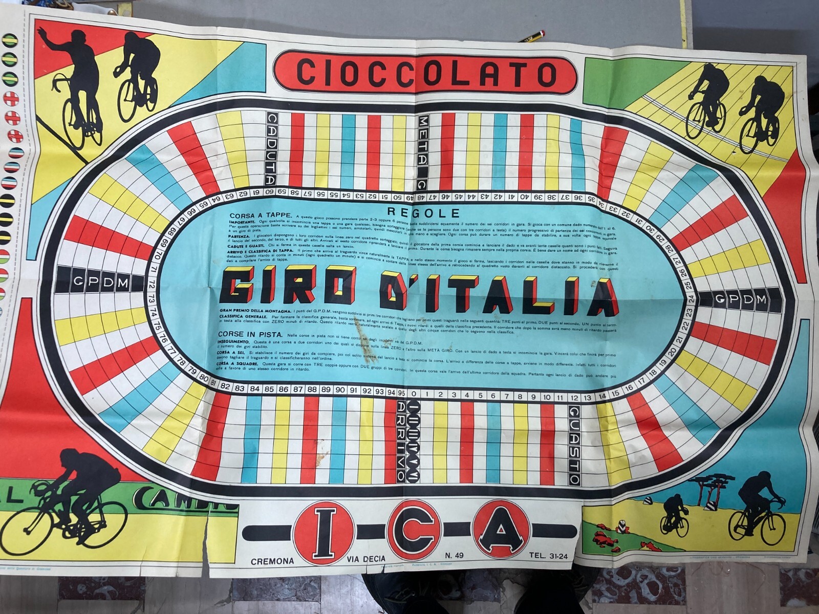Sport: Ciclismo, Giro d'Italia. Enorme Gioco Di Percorso, Cromolitografia Gerevini, Cremona