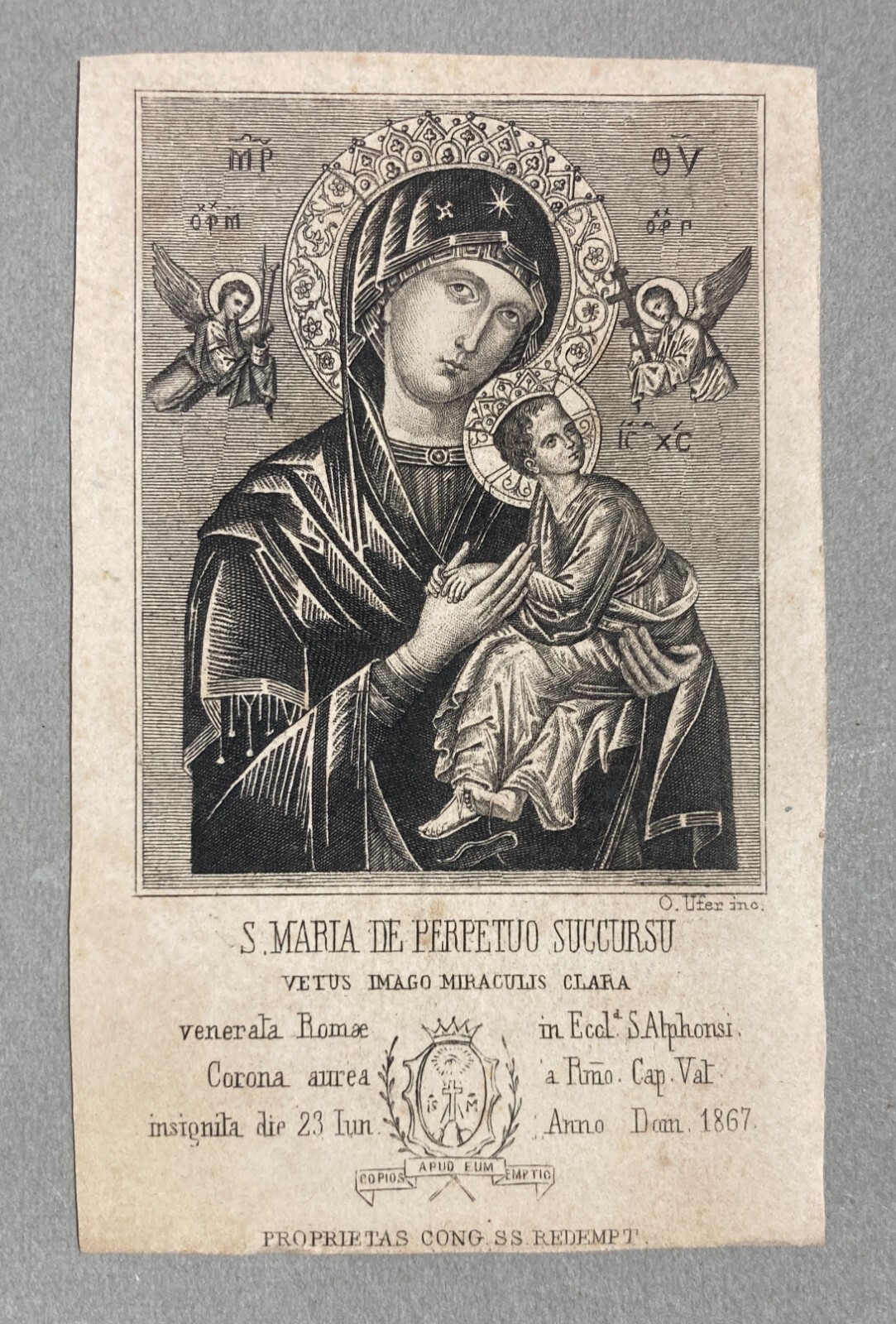Stampa Popolare Devozionale. Santino Della Madonna Del Perpetuo Soccorso. Incisore O. Ufer.