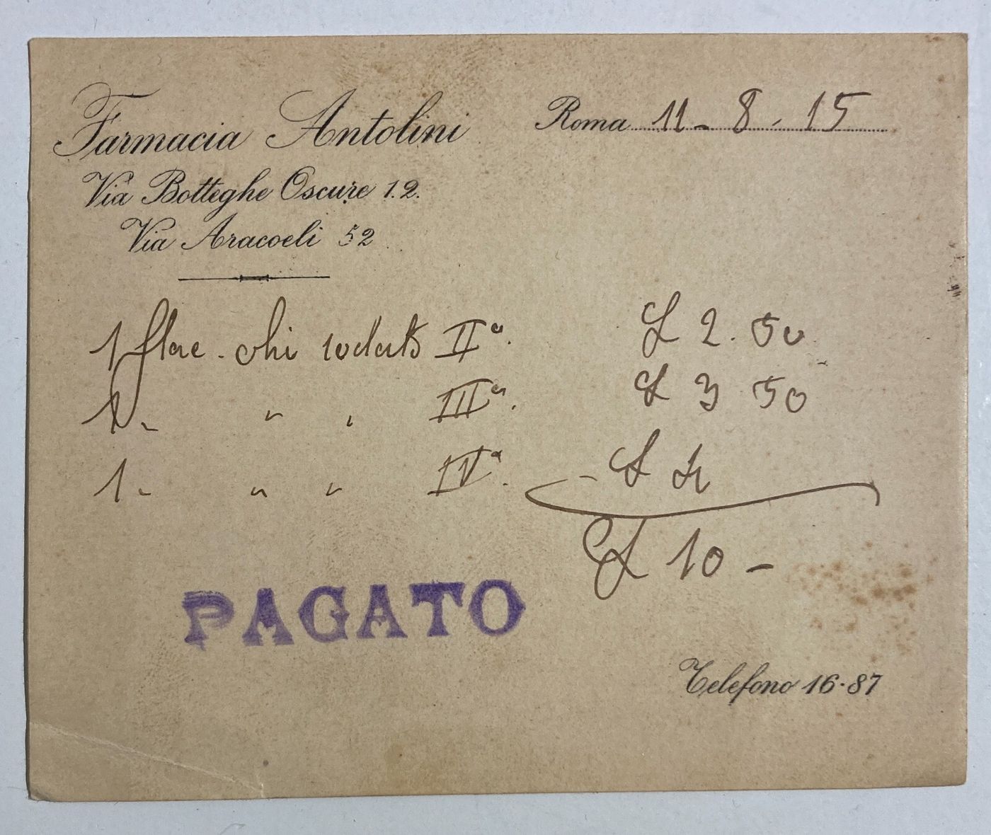 Pubblicitaria Farmaceutica   Farmacia Antolini   Roma   1915   Cartoncino d'Epoca