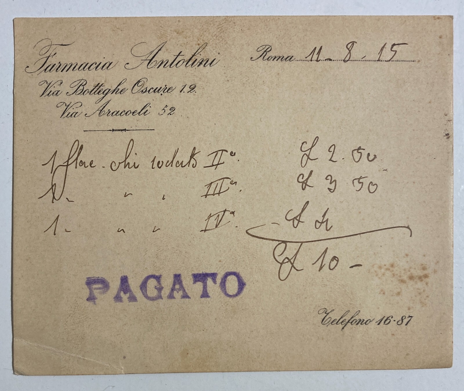 Pubblicitaria Farmaceutica   Farmacia Antolini   Roma   1915   Cartoncino d'Epoca