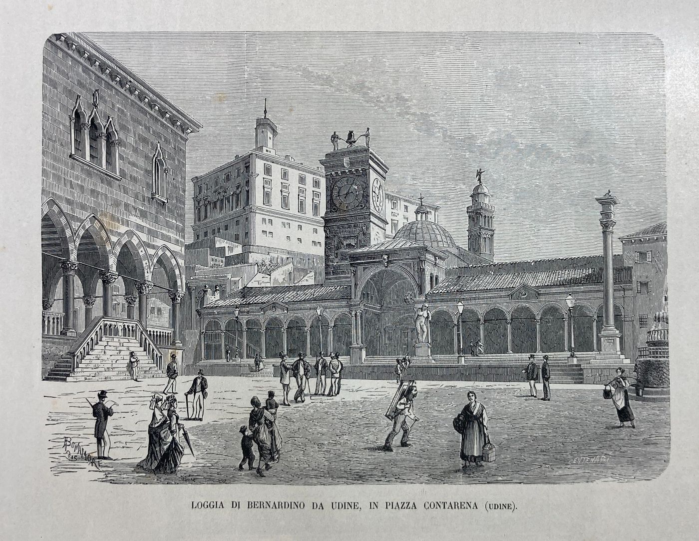 Udine: Piazza Contarena, Architettura Del Loggiato In Una Veduta Animata d'Epoca