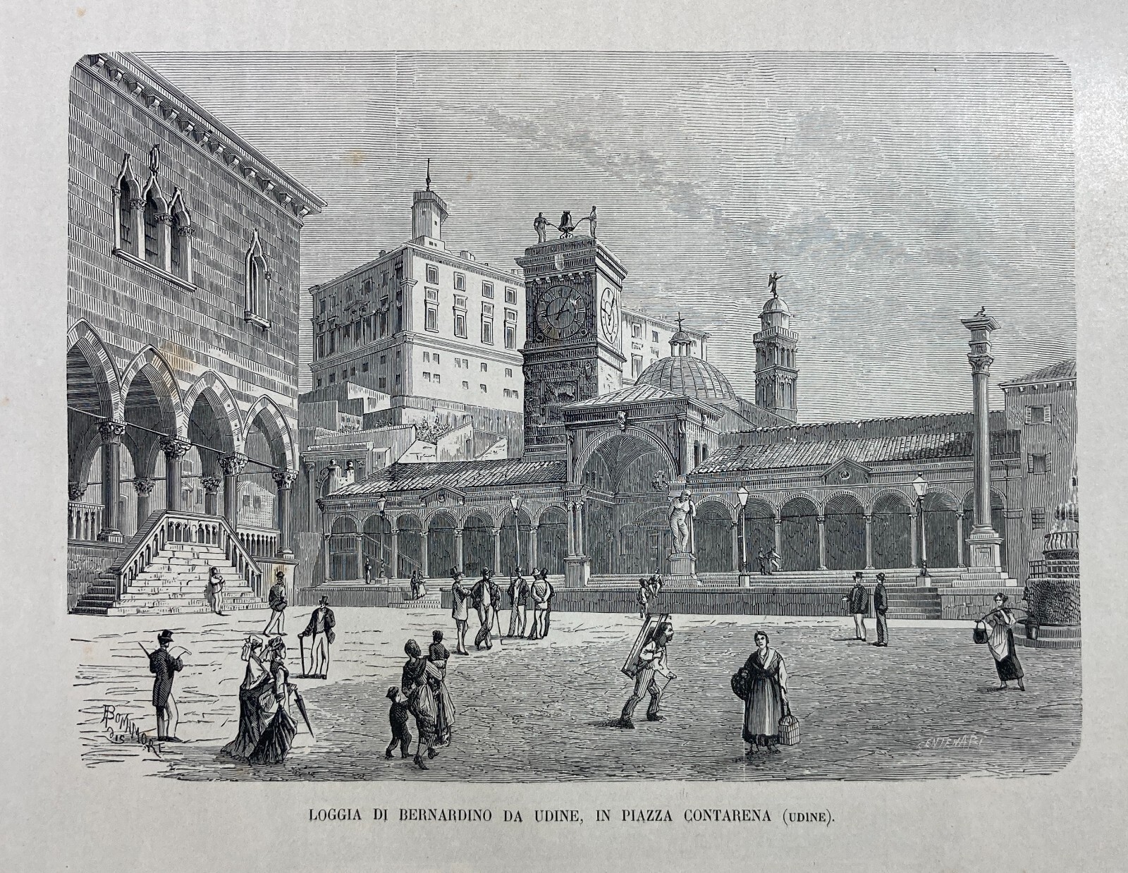 Udine: Piazza Contarena, Architettura Del Loggiato In Una Veduta Animata d'Epoca