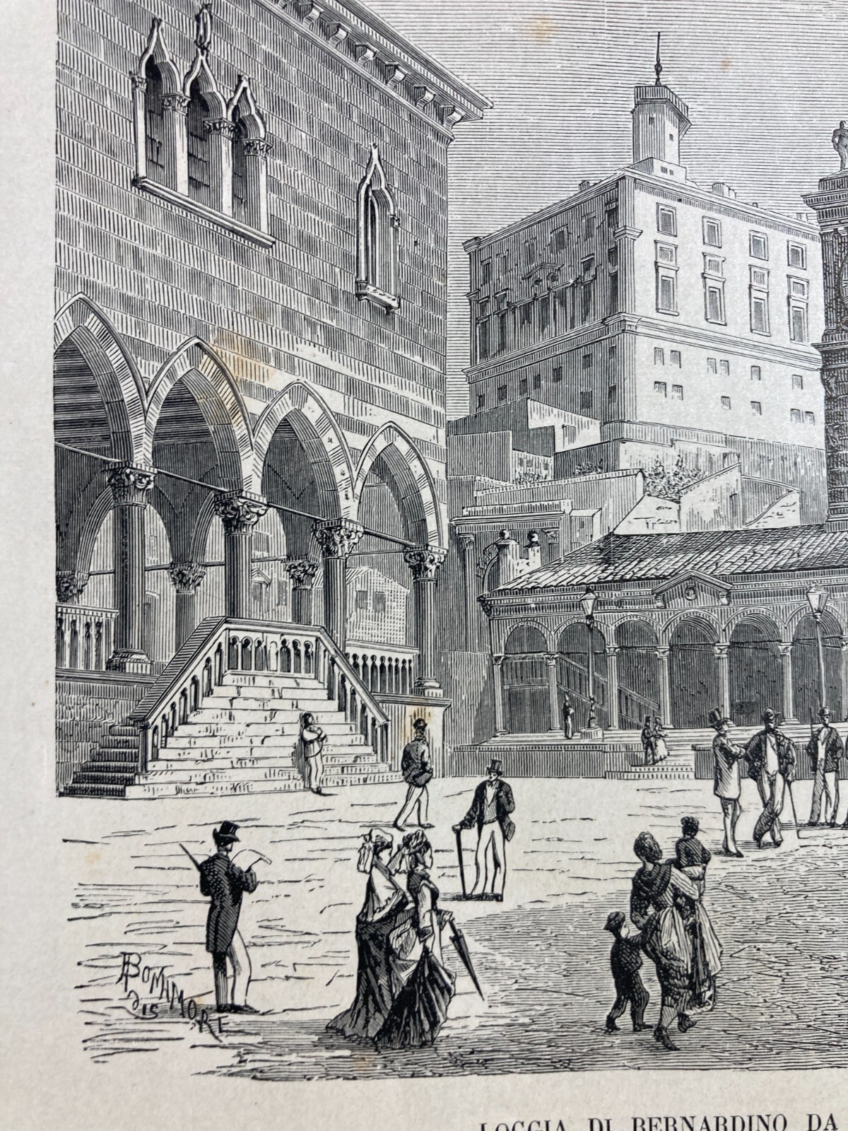 Udine: Piazza Contarena, Architettura Del Loggiato In Una Veduta Animata d'Epoca
