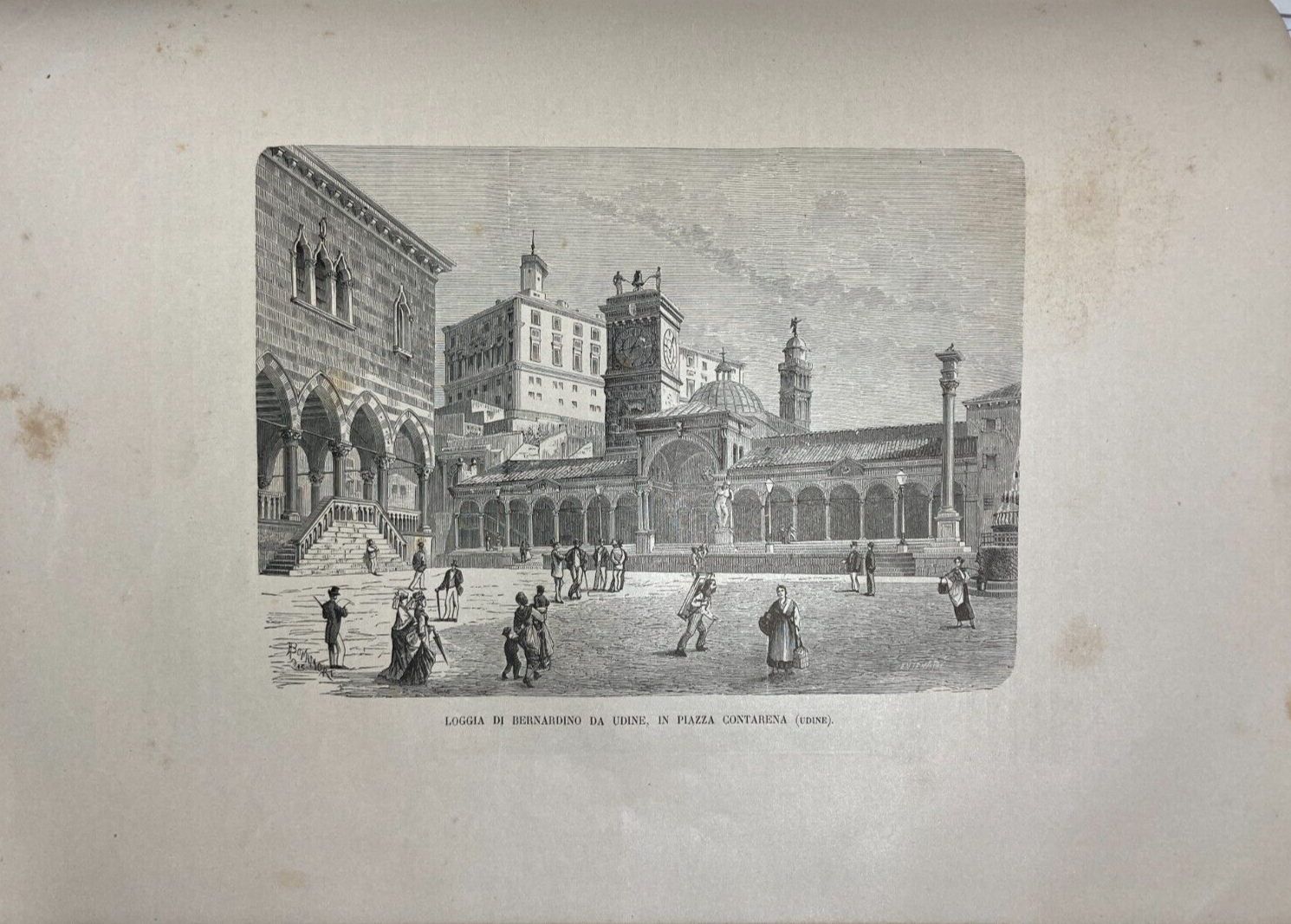 Udine: Piazza Contarena, Architettura Del Loggiato In Una Veduta Animata d'Epoca