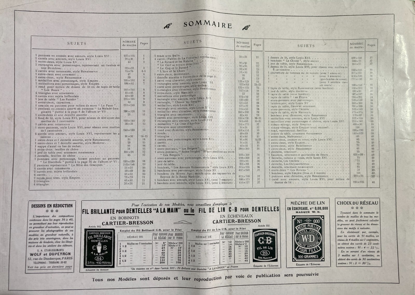 Ricamo: Album Modelli Per Ricamatrici. Dupeyron, Paris, Le Filet Ancien. Illustrato.