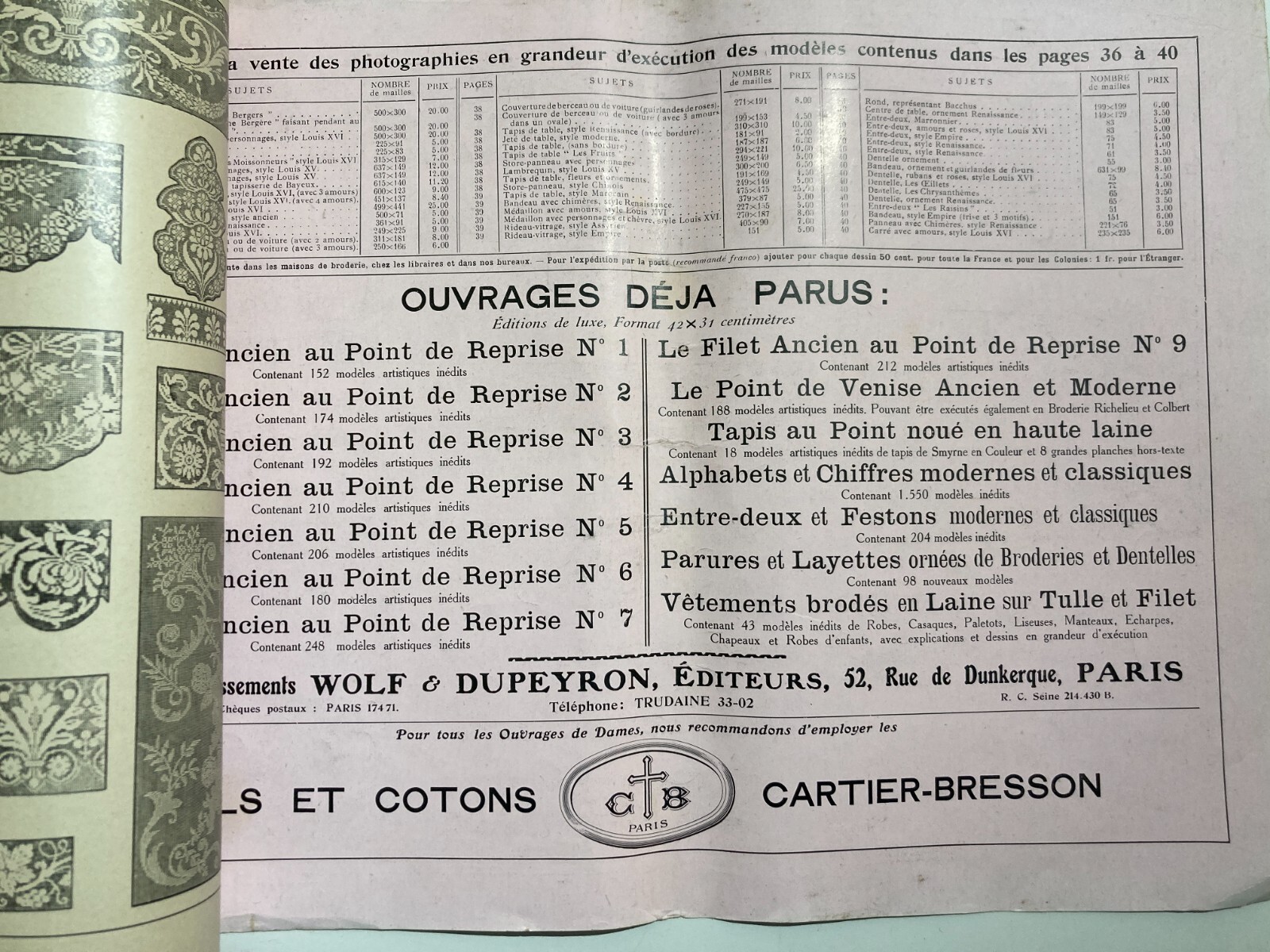 Ricamo: Album Modelli Per Ricamatrici. Dupeyron, Paris, Le Filet Ancien. Illustrato.