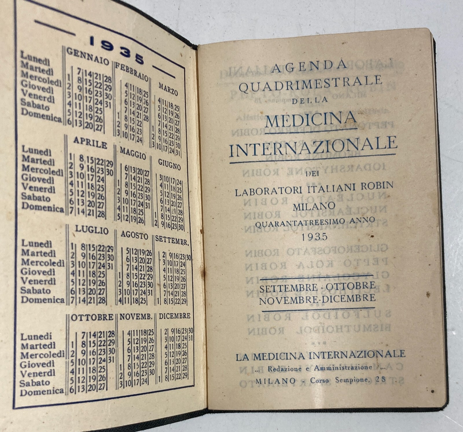 Medicina, Farmacia, Pubblicità Farmaceutica: Agendina d'Epoca Laboratori Robin Milano, 1935