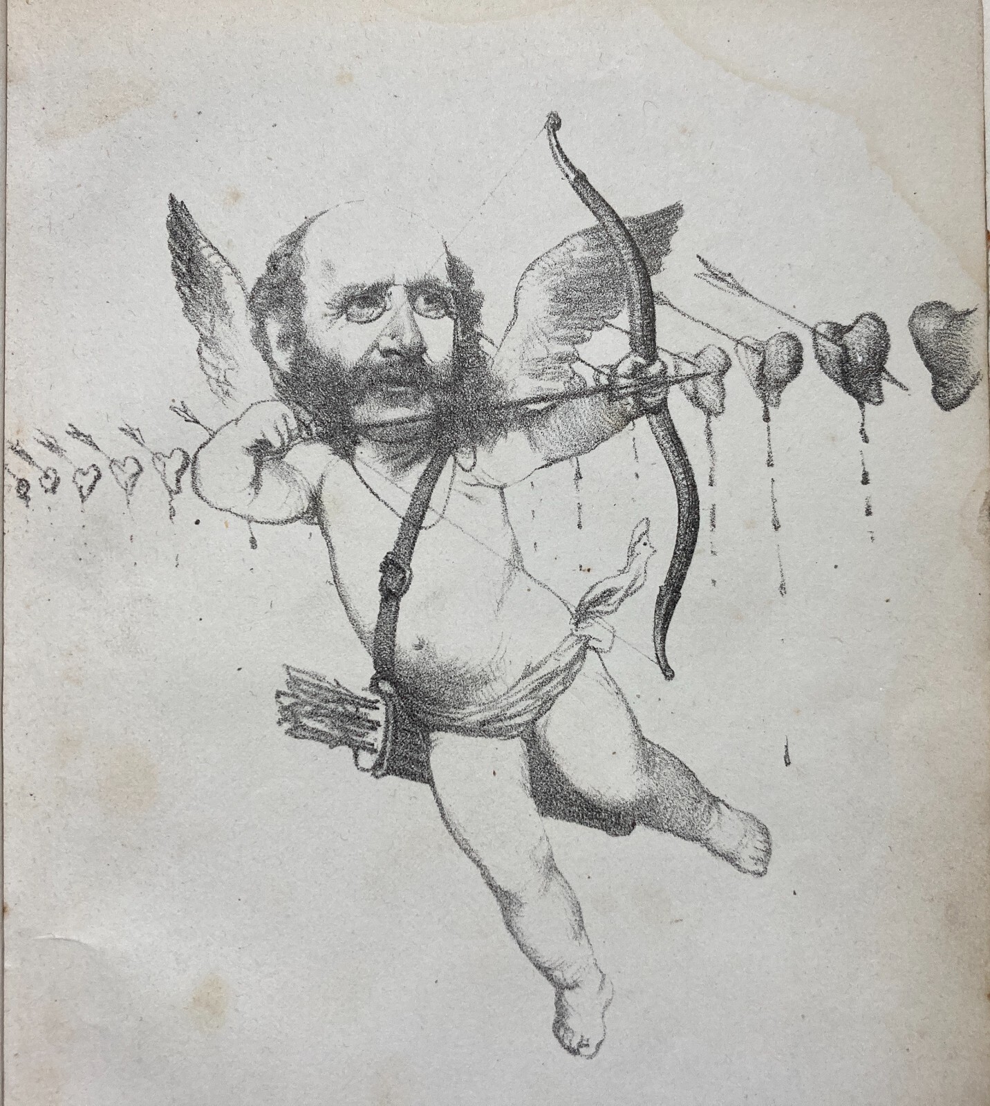 Caricatura, Satira, Venezia, Cupido: Antica Litografia Originale Dell'Ottocento
