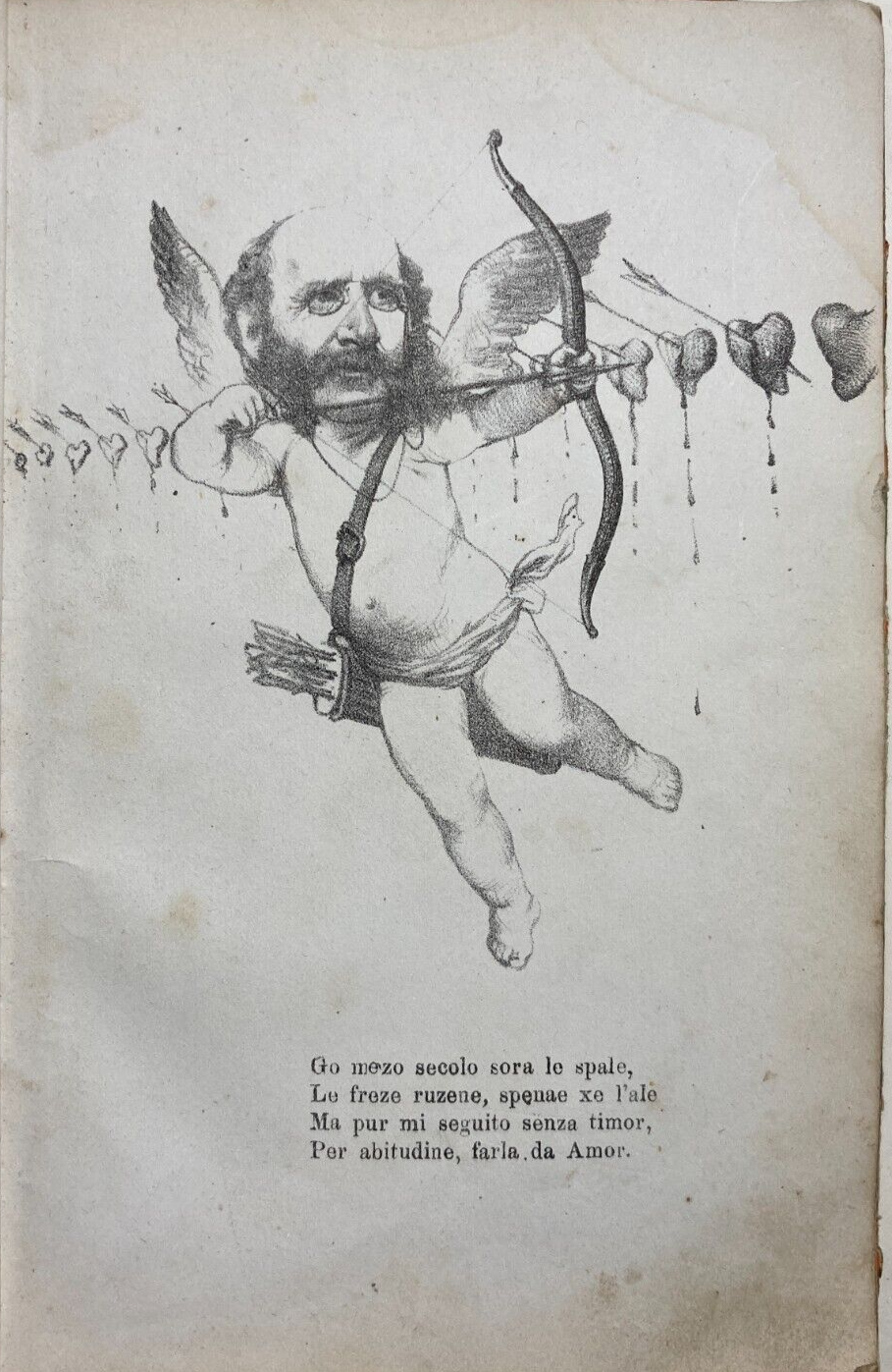 Caricatura, Satira, Venezia, Cupido: Antica Litografia Originale Dell'Ottocento