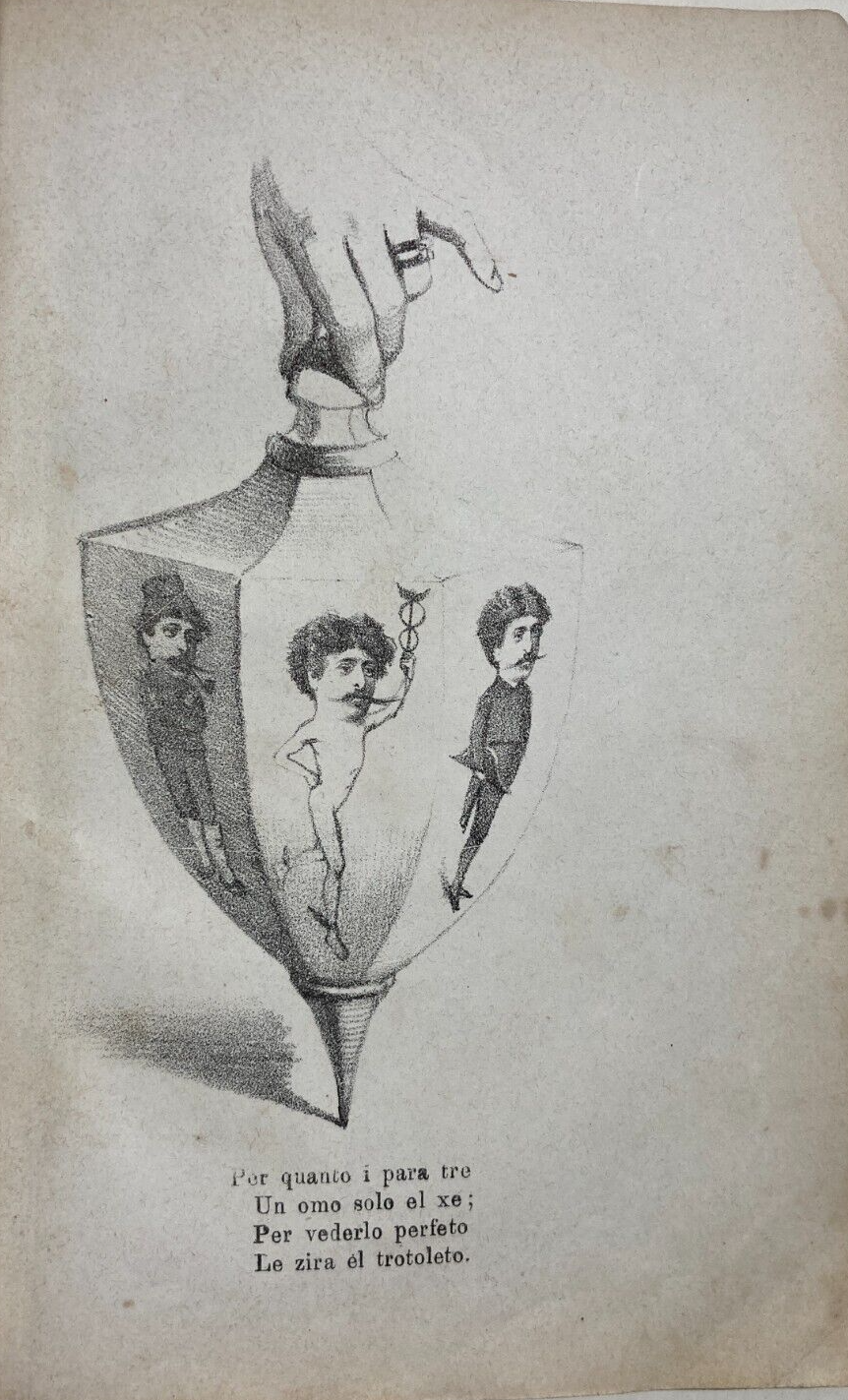 Caricatura Satirica Veneziana: Trottola E Mercurio, Litografia Originale Del 1872