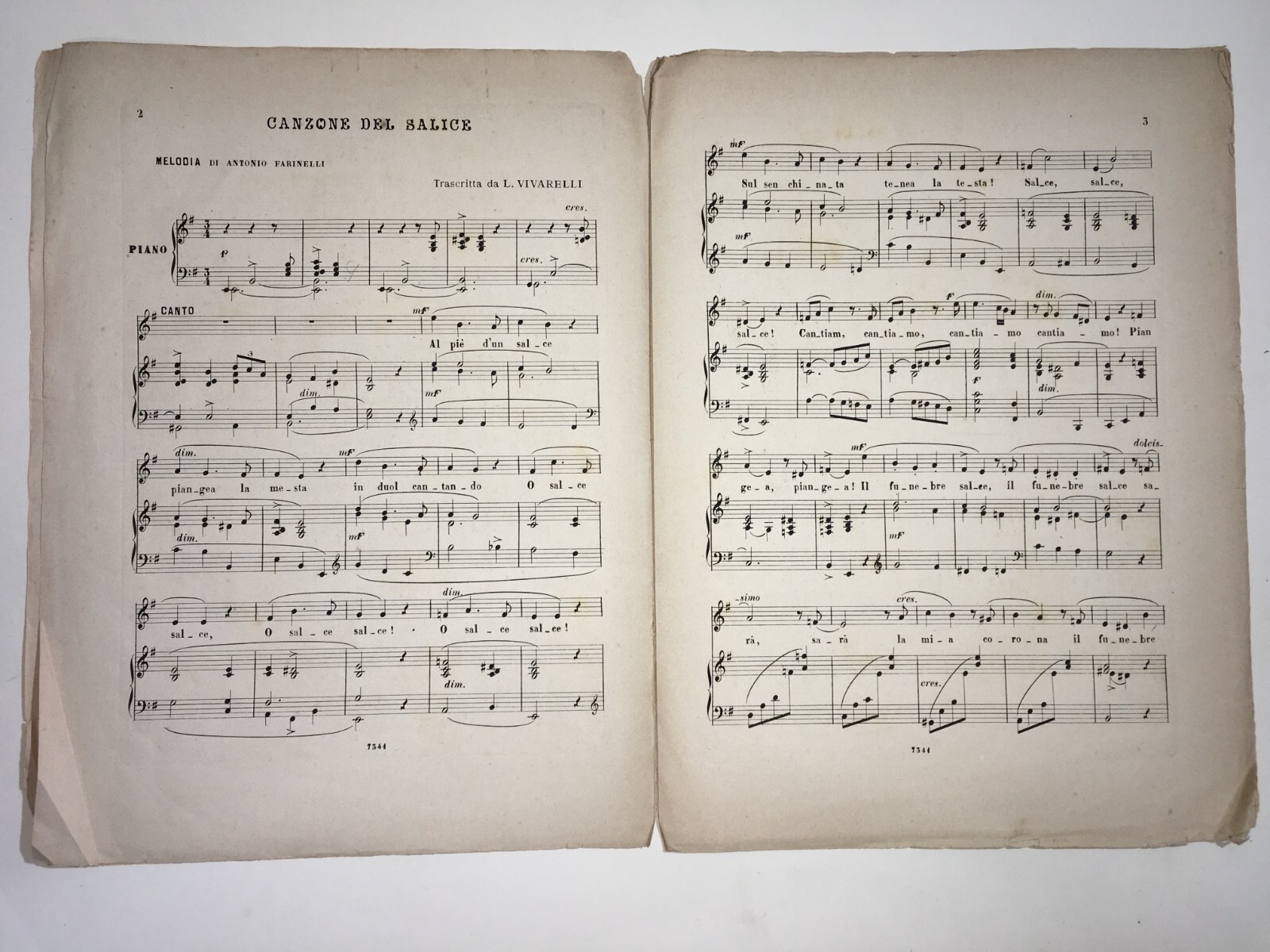 Antonio Farinelli: "Canzone Del Salice", Antico Spartito Musicale
