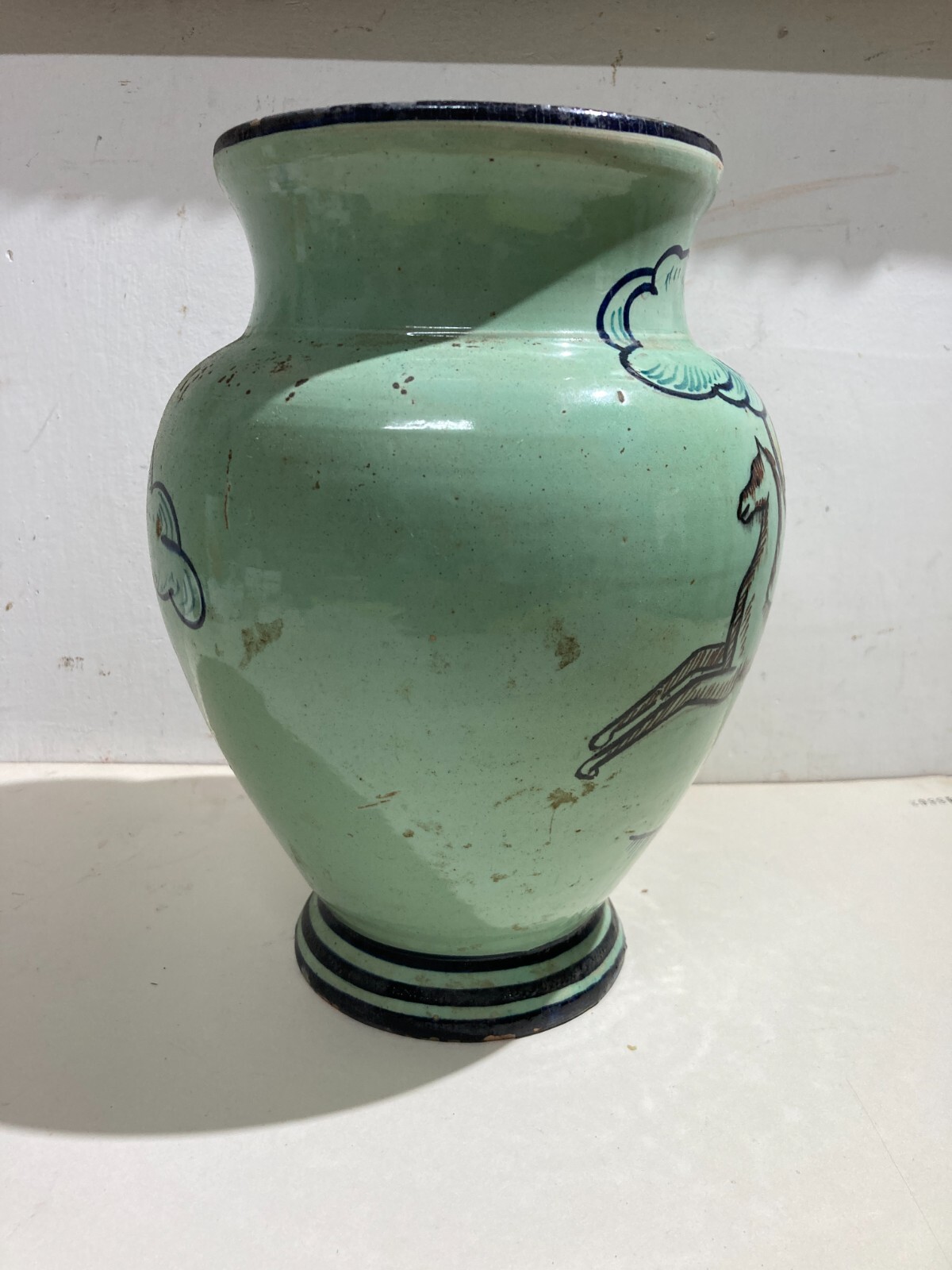 Vaso In Ceramica Decorativa Del '900, Stile Giò Ponti Con Cavalli
