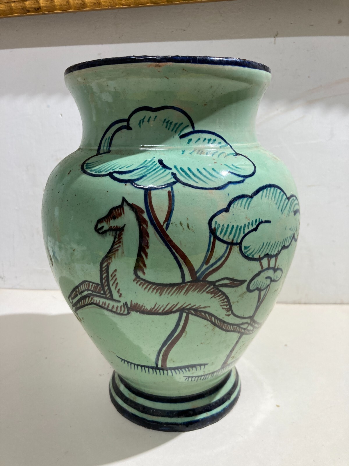 Vaso In Ceramica Decorativa Del '900, Stile Giò Ponti Con Cavalli