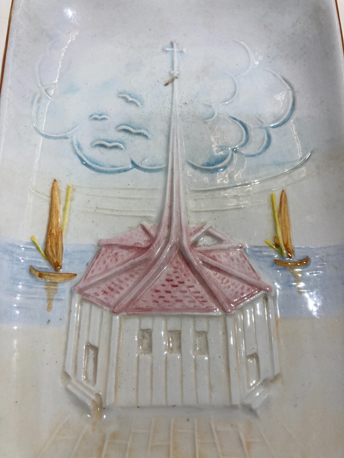 Abruzzo, San Salvo Marina: Veduta Artistica Con Chiesa, Ceramica Decorativa, XX Secolo.