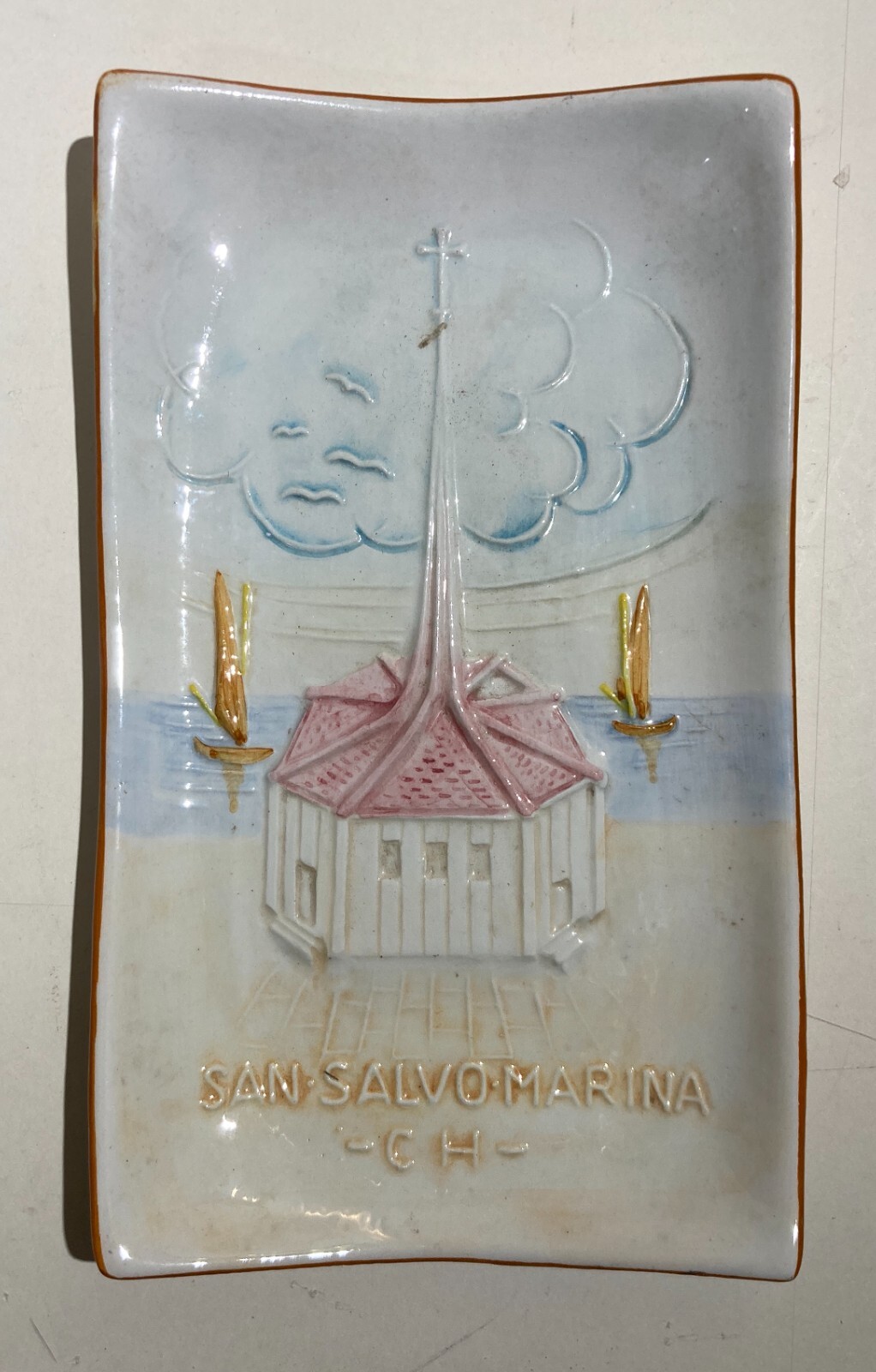 Abruzzo, San Salvo Marina: Veduta Artistica Con Chiesa, Ceramica Decorativa, XX Secolo.