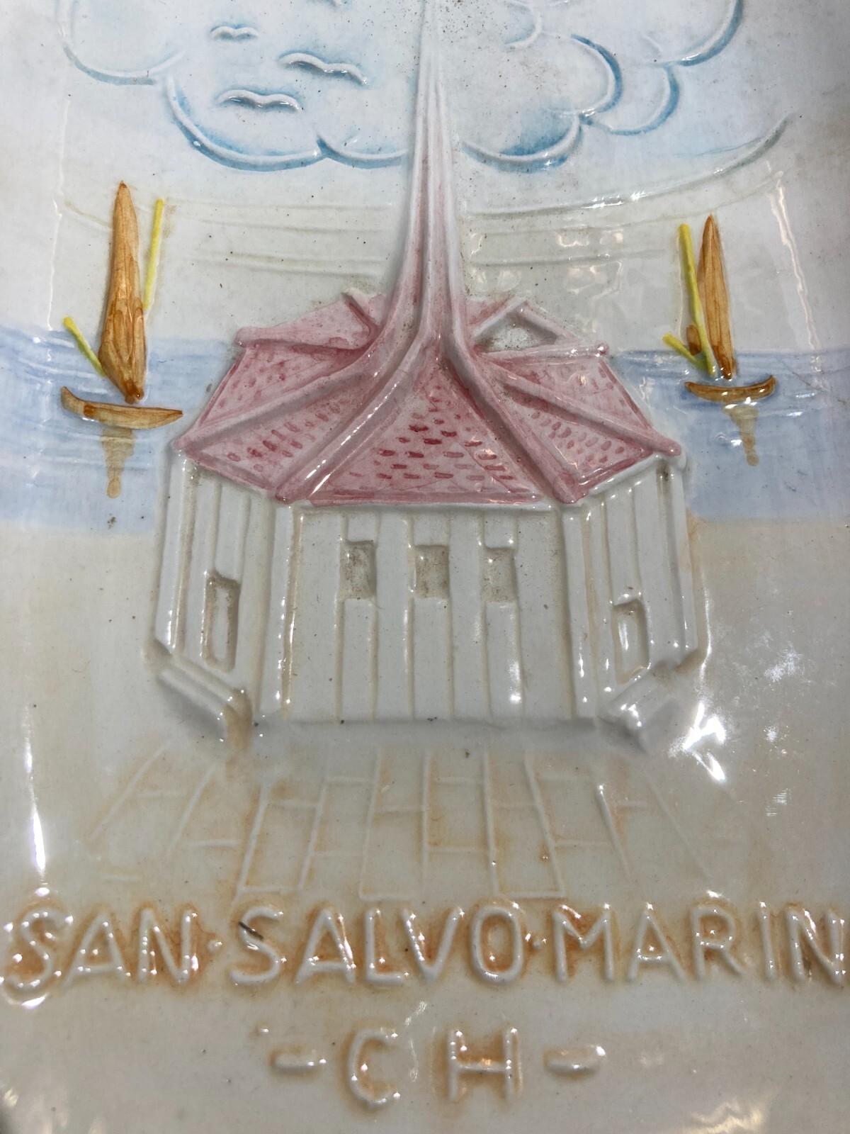 Abruzzo, San Salvo Marina: Veduta Artistica Con Chiesa, Ceramica Decorativa, XX Secolo.