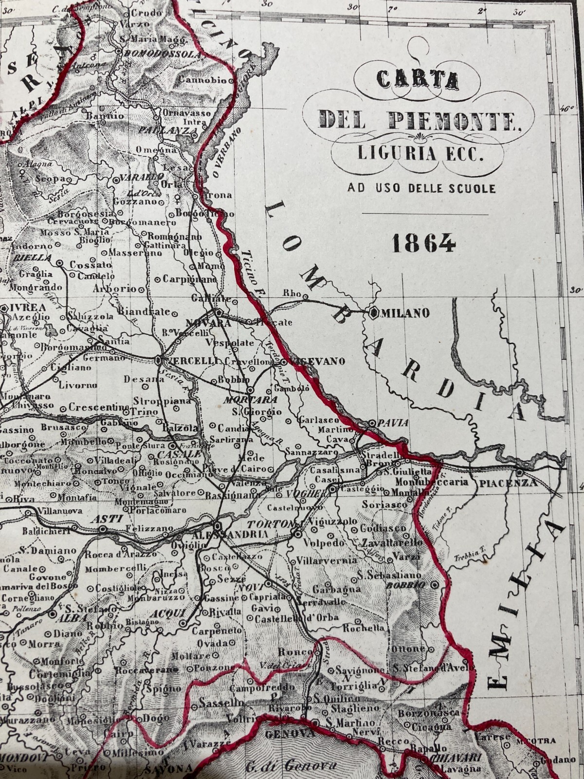 Antica Cartografia Piemonte, Liguria, Nizza, Ginevra, Milano, Piacenza, Torino 1864