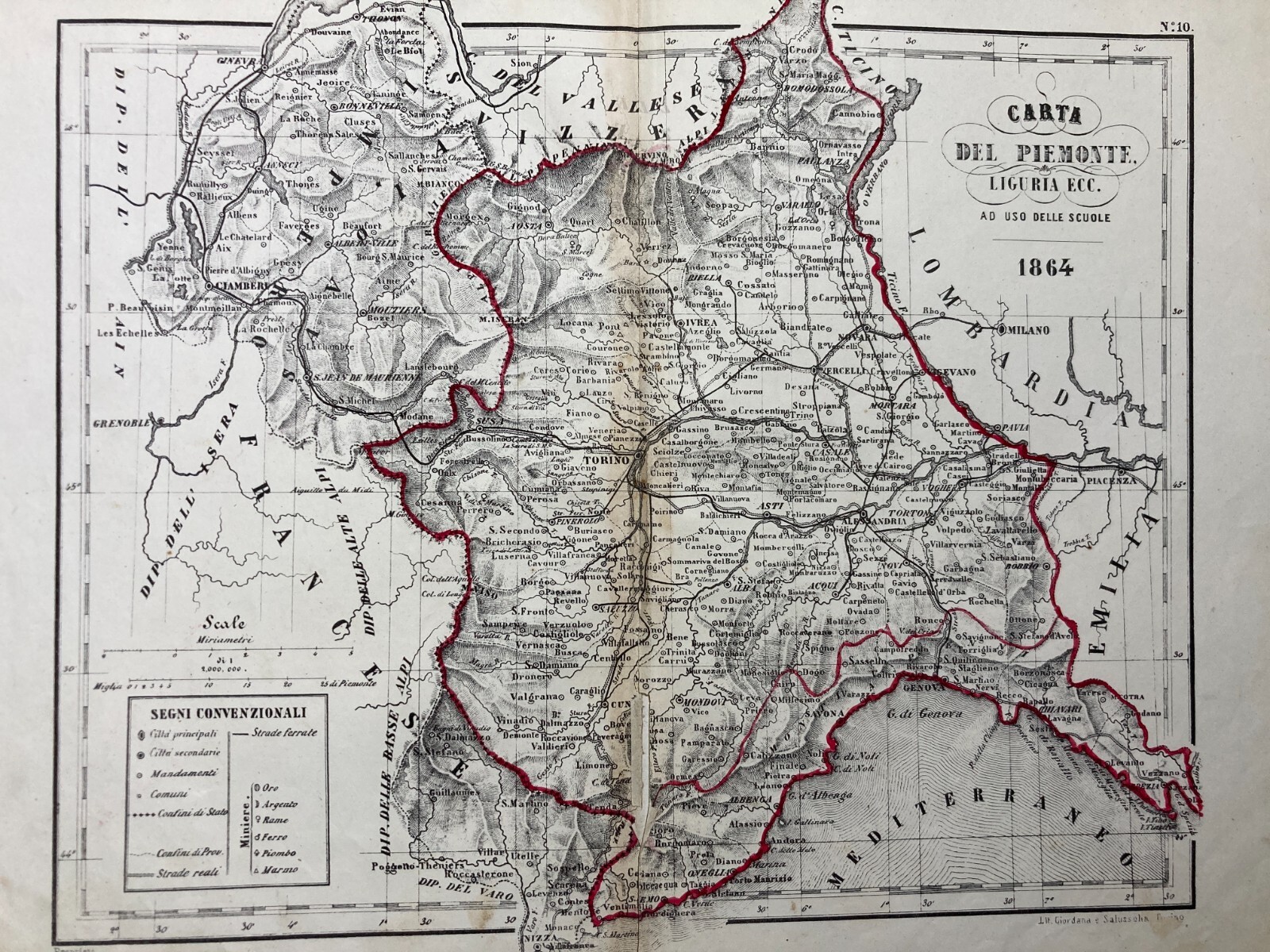 Antica Cartografia Piemonte, Liguria, Nizza, Ginevra, Milano, Piacenza, Torino 1864