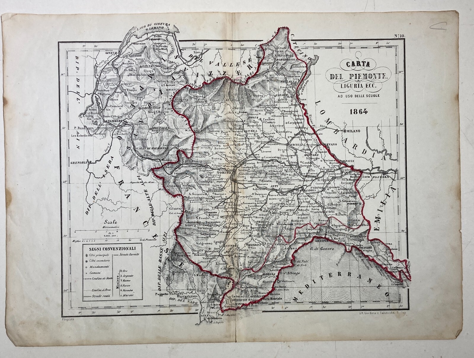 Antica Cartografia Piemonte, Liguria, Nizza, Ginevra, Milano, Piacenza, Torino 1864