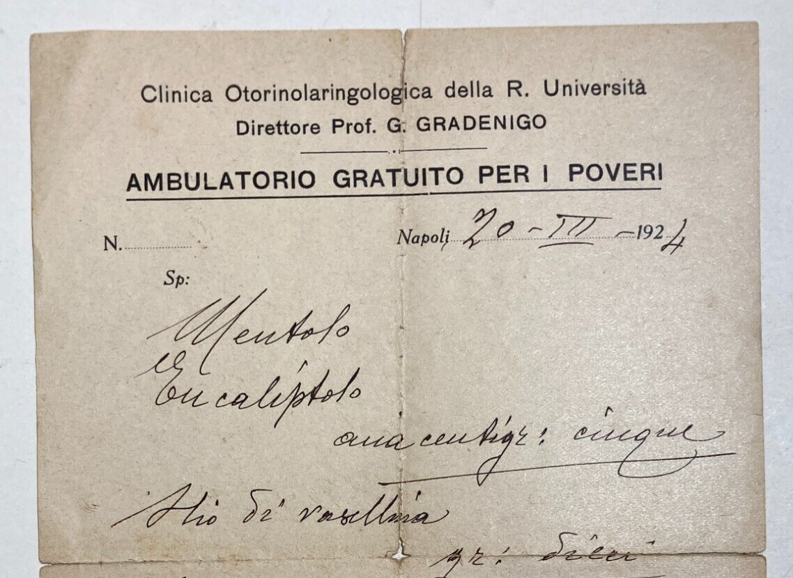 Napoli, Ricettario Medico Della Clinica Otorino, Prof. Gradenigo (1924)