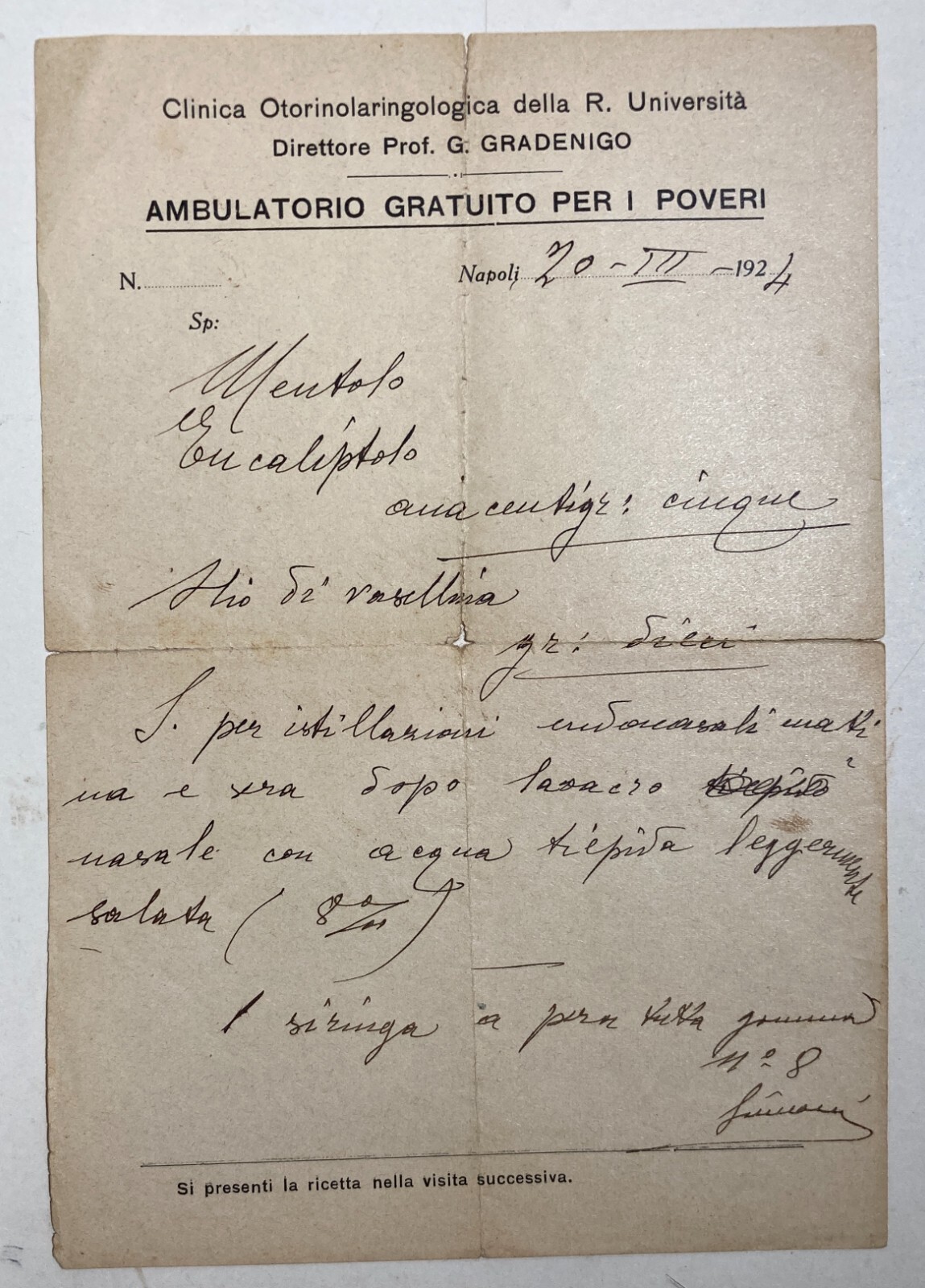 Napoli, Ricettario Medico Della Clinica Otorino, Prof. Gradenigo (1924)