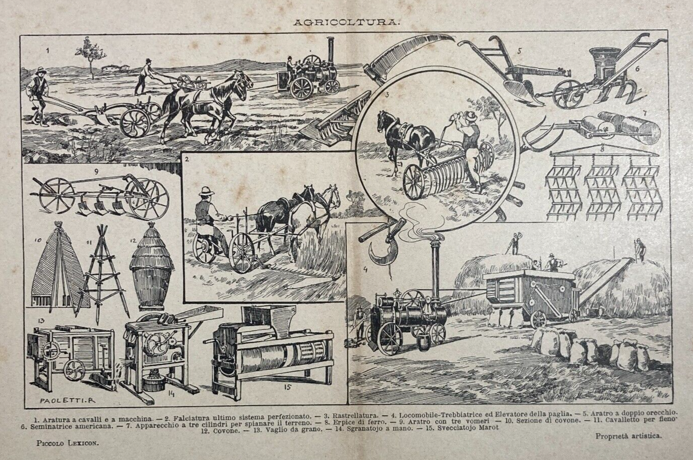 Agraria, Agricoltura, Aratura E Trebbiatura. Antica Stampa Di Rodolfo Paoletti