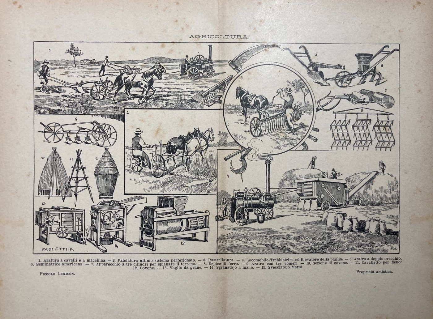 Agraria, Agricoltura, Aratura E Trebbiatura. Antica Stampa Di Rodolfo Paoletti