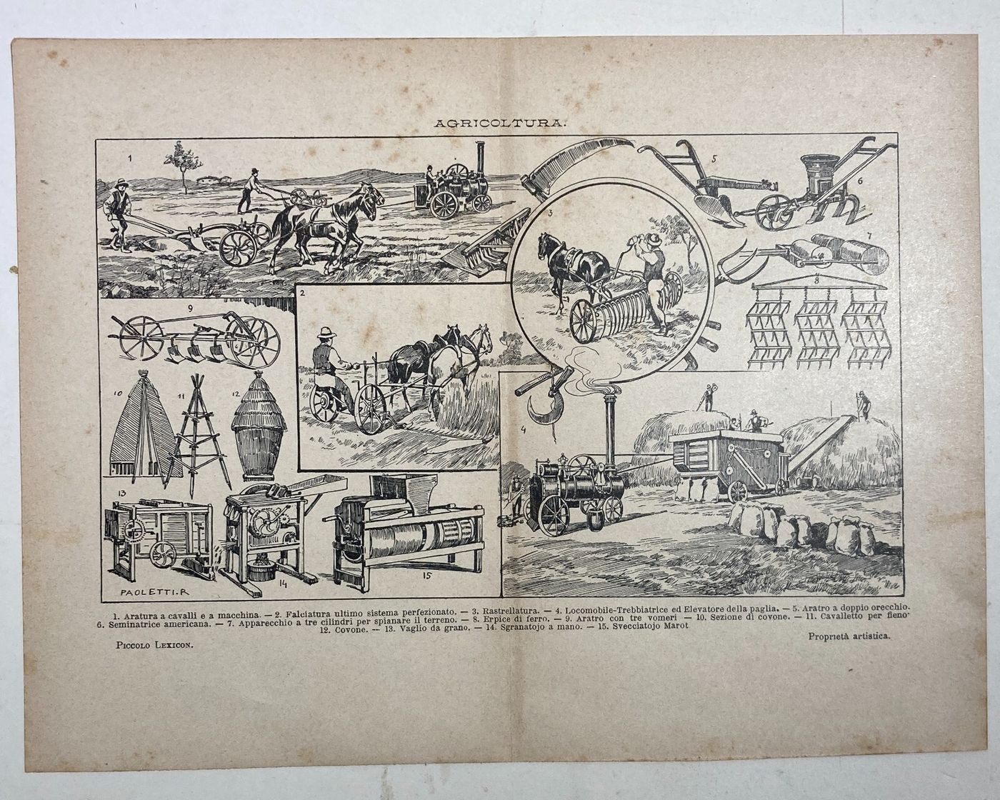 Agraria, Agricoltura, Aratura E Trebbiatura. Antica Stampa Di Rodolfo Paoletti