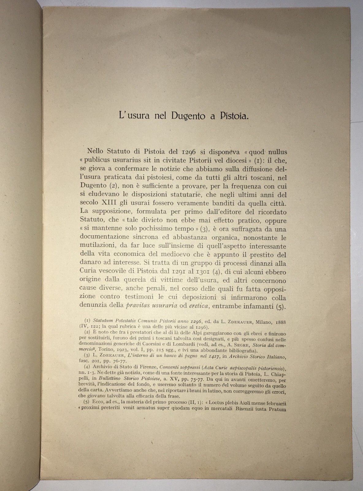 L'Usura Nel Dugento A Pistoia   Armando Sapori (con Dedica Autografa)