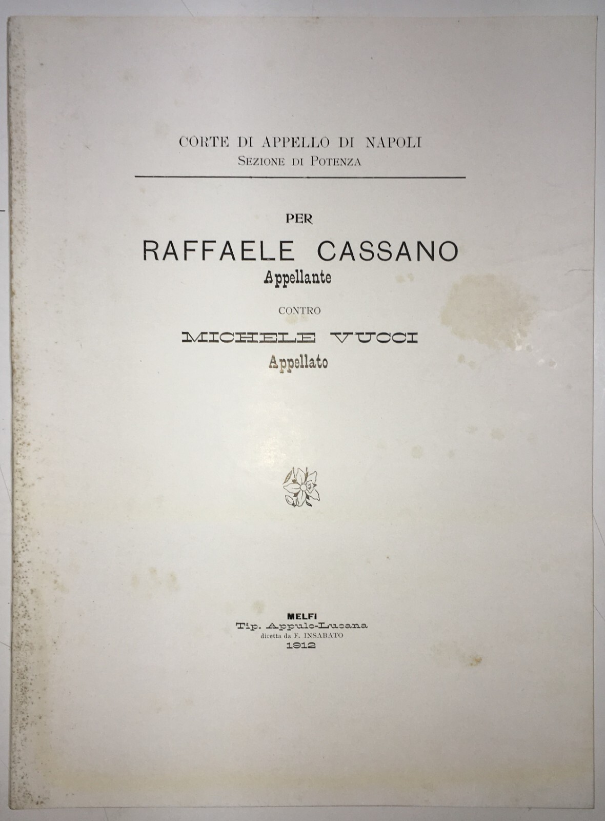 Basilicata, Rionero: Acque Minerali   Cassano Contro Vucci   Antica Allegazione Giuridica, 1912