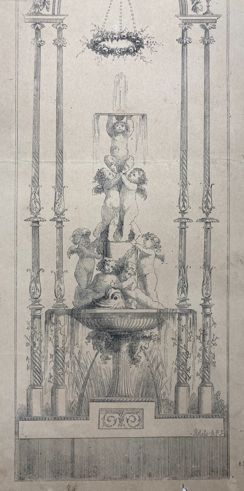 Antiche Arti Decorative: Fontana Architettonica Con Angioletti E Allegorie