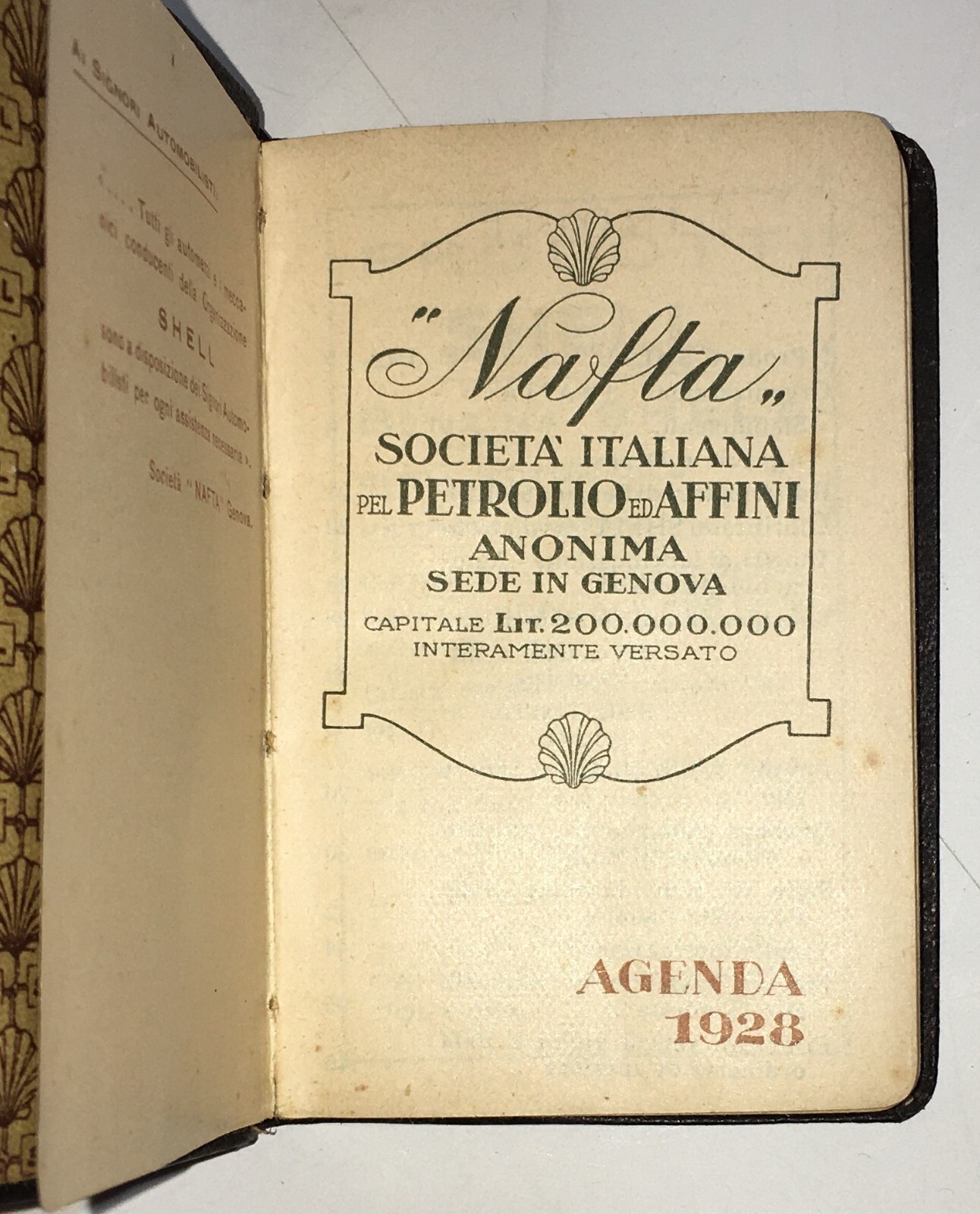 Motori, Benzina, Shell, Società Nafta, Genova: Antica Agendina Pubblicitaria, 1928