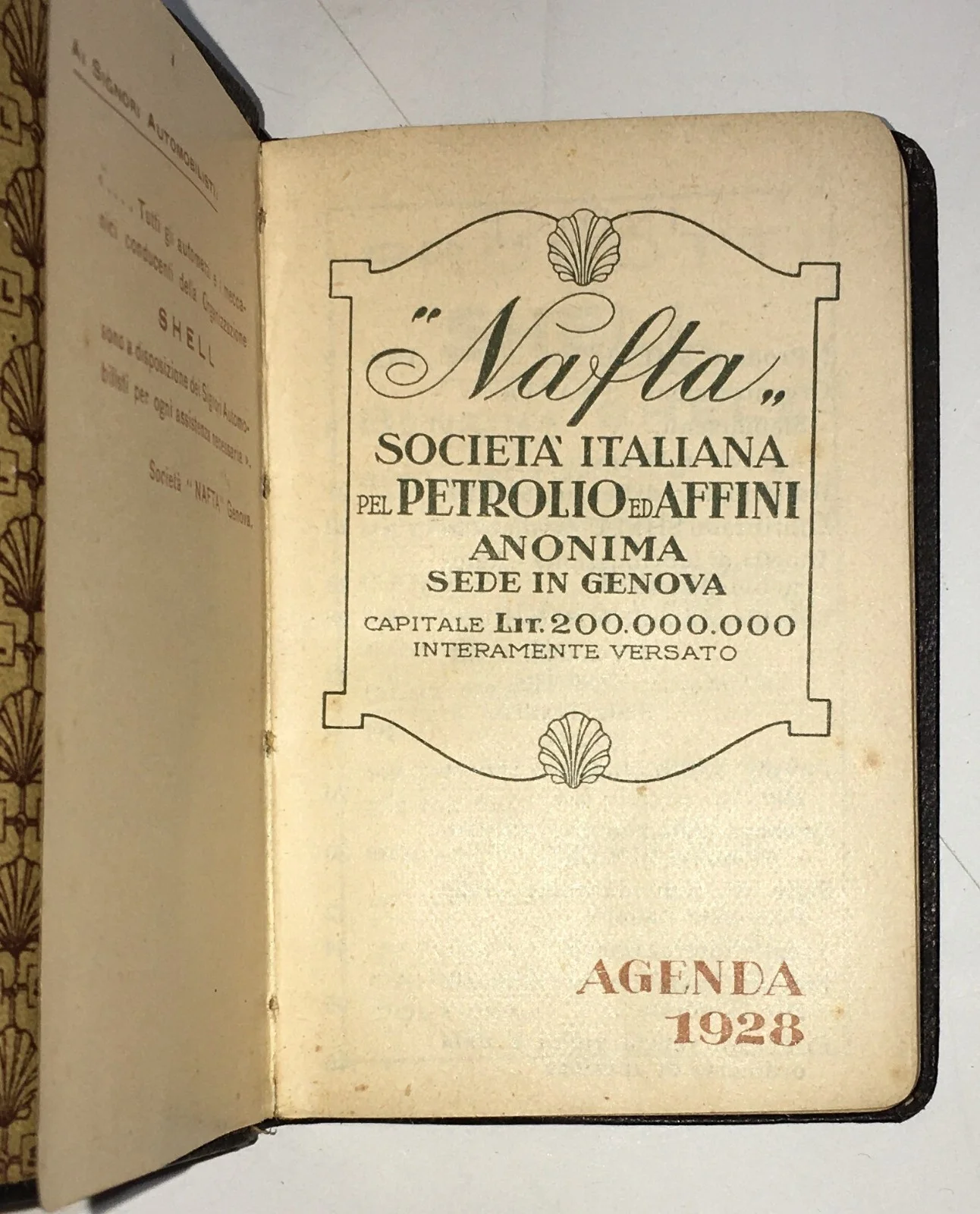 Motoring, Petrol, Shell, Società Nafta, Genoa: Antique Advertising Pocket Diary, 1928