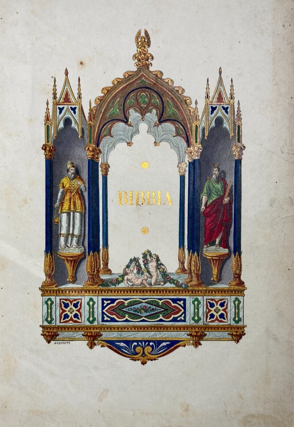 Antica Iconografia Biblica Artistica. Litografia Colorata. Incisore Acquisti, XIX Secolo.