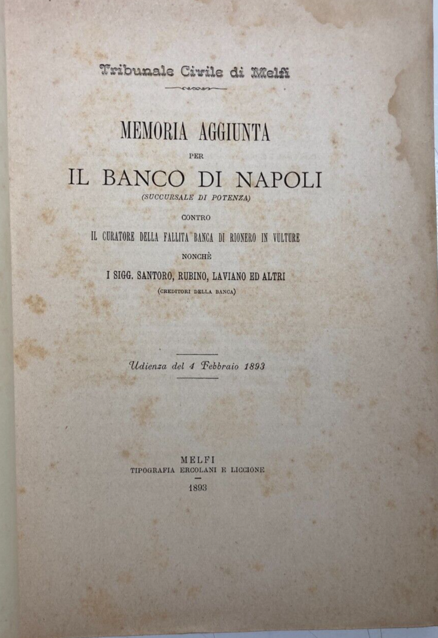 Basilicata, Melfi, Rionero: Banche, Giuridica, Antica Allegazione, 1893, Banco Di Napoli