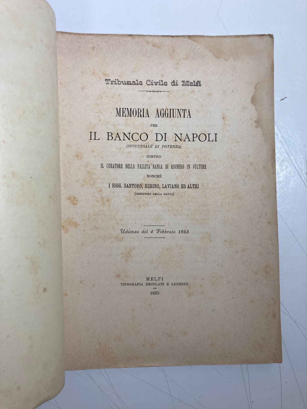 Basilicata, Melfi, Rionero: Banche, Giuridica, Antica Allegazione, 1893, Banco Di Napoli