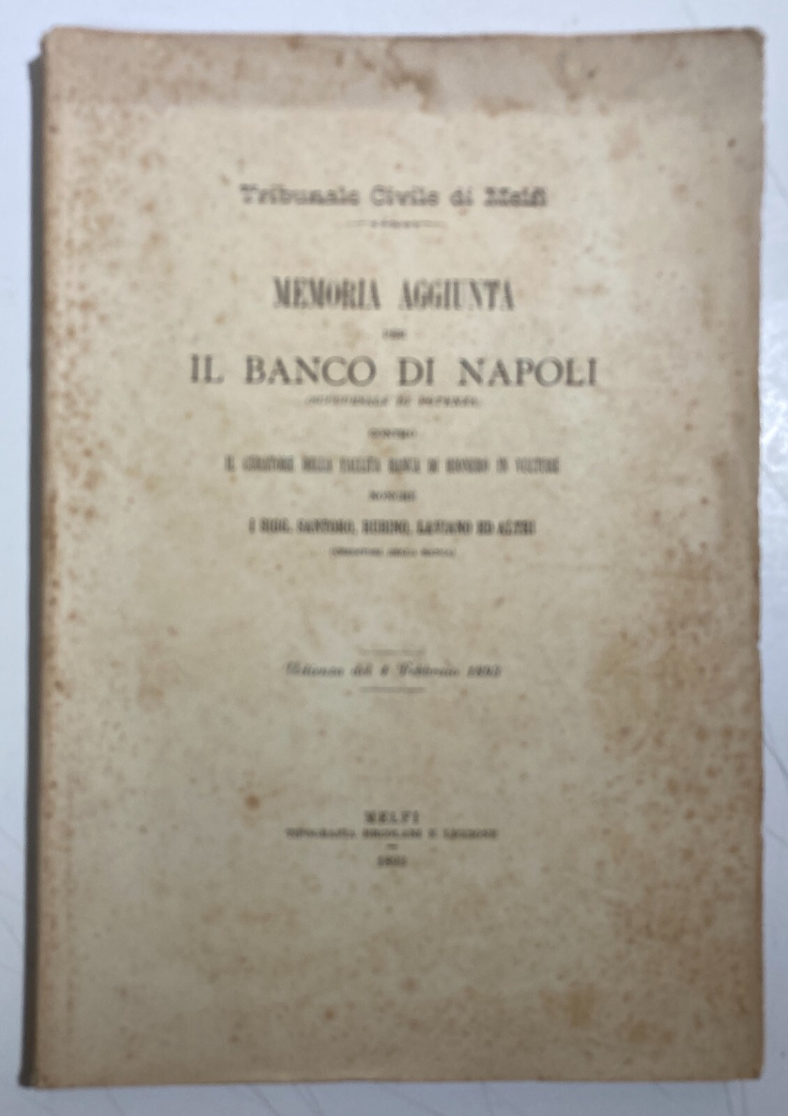 Basilicata, Melfi, Rionero: Banche, Giuridica, Antica Allegazione, 1893, Banco Di Napoli