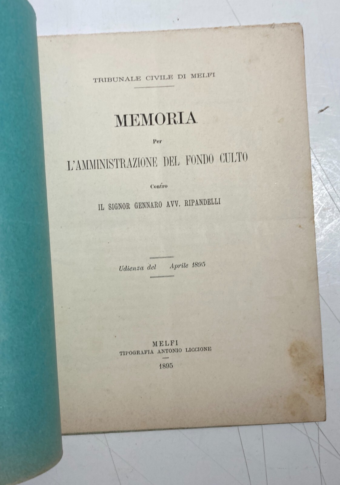 Basilicata, Melfi, Candela: Antica Allegazione Giuridica   Ripandelli   Fondo Culto